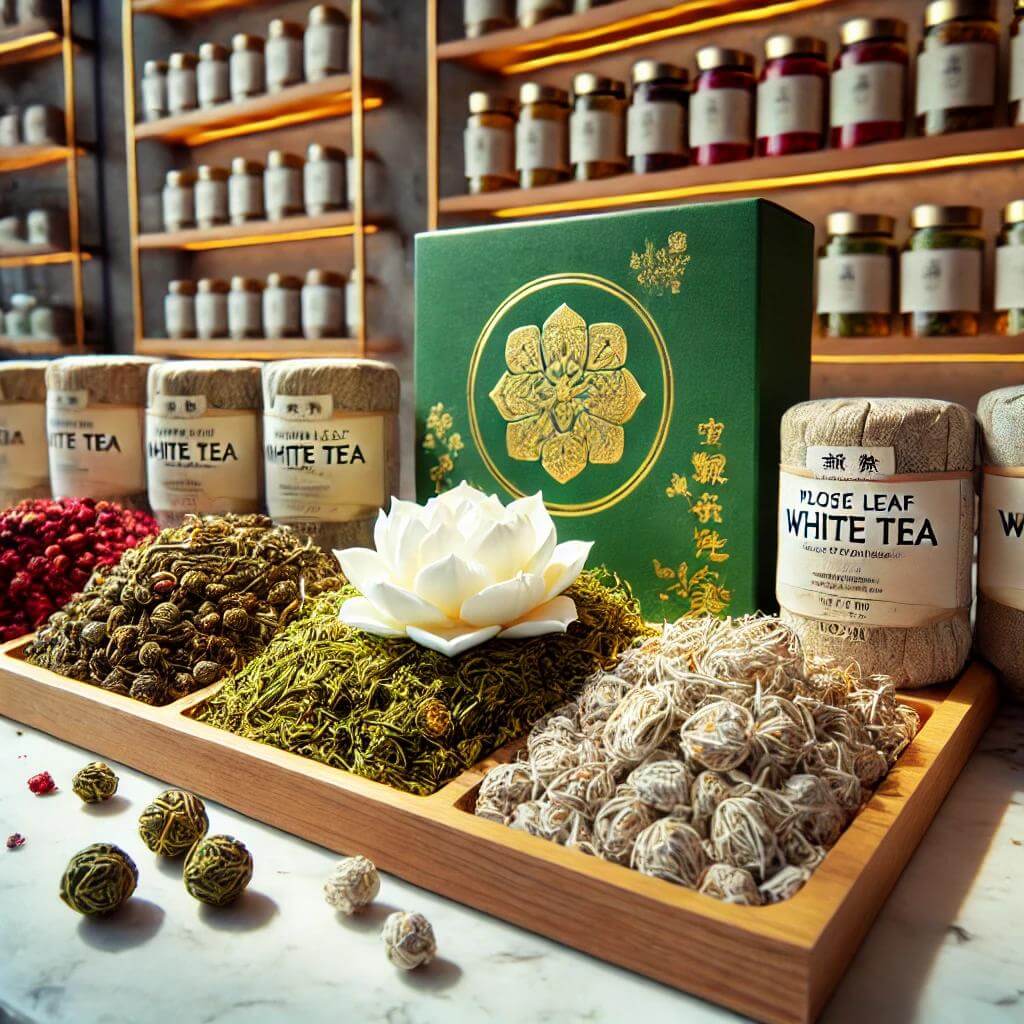 A vibrant display of premium white tea products from Oriental Tea Garden, featuring loose leaf white tea and tea buds in beautiful packaging